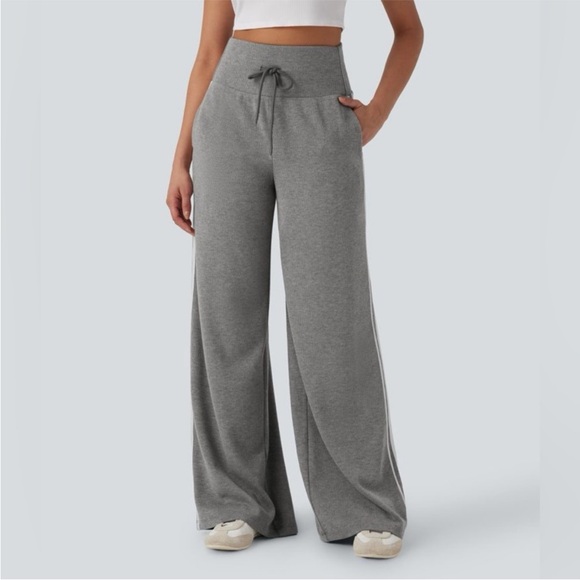Halara Ribbed High Waisted Tummy Control Drawstring Wide Leg Gray Sweatpants - Picture 2 of 9